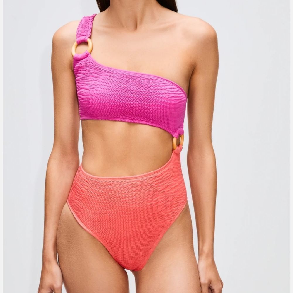 Cleonie Women's Pink & Orange One Shoulder Shell Maillot Swimwear Size Medium